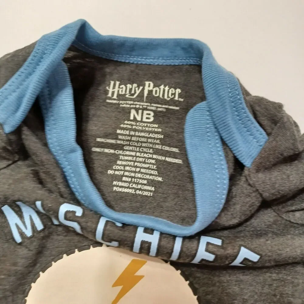 Harry Potter Unisex NB Bodysuit Mischief Managed Heathered Grey Blue Snap Button